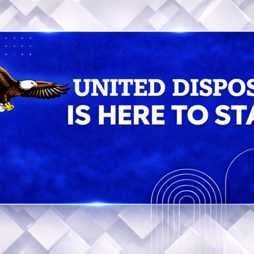 United Disposal banner featuring a bold blue background with a flying eagle and the message “United Disposal Is Here to Stay,”