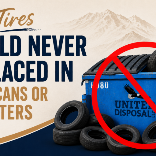 United Disposal graphic explaining why tires should never be placed in trash cans or dumpsters, featuring a blue dumpster and tan trash can surrounded by tires with a large red prohibition symbol.