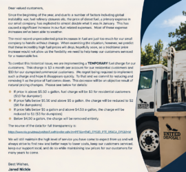United Disposal temporary fuel surcharge update notice for customers due to increased diesel fuel costs
