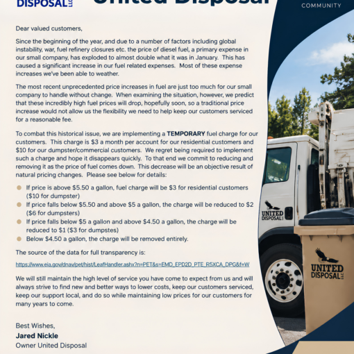 United Disposal temporary fuel surcharge update notice for customers due to increased diesel fuel costs