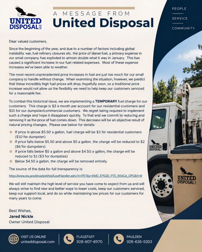 United Disposal temporary fuel surcharge update notice for customers due to increased diesel fuel costs